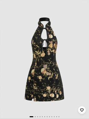 CIDER Jacquard Halter Neckline Floral Cut Out Tie Front Black Floral Mini Dress
